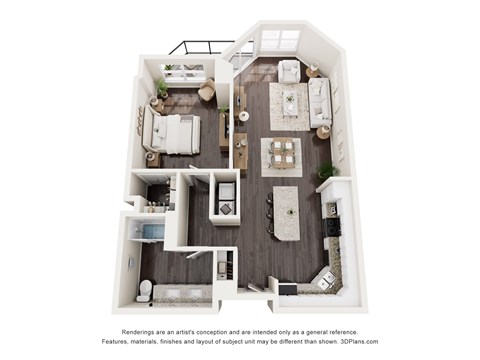 Floor plan for 1 bed, 1 bath, 887 sqft